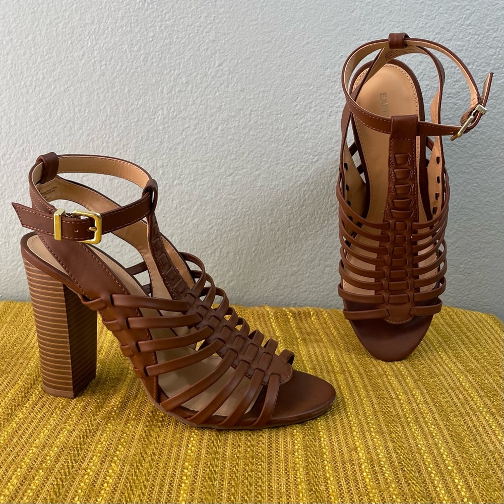 Express | Brown Strappy Heeled Sandals | Faux Leather Block Heel